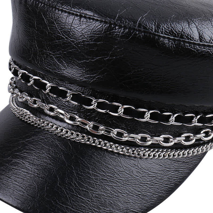 Women's Decorated Chain Flat Top Black Leather Beret Hat