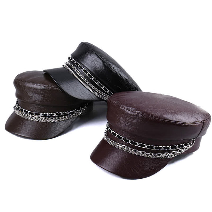 Women's Decorated Chain Flat Top Black Leather Beret Hat