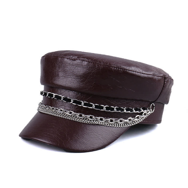 Women's Decorated Chain Flat Top Black Leather Beret Hat