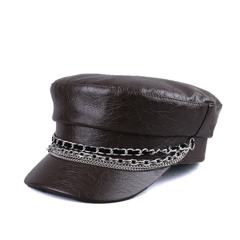 Women's Decorated Chain Flat Top Black Leather Beret Hat - Brown Coffee - M (22"-22 7/8") - image 5