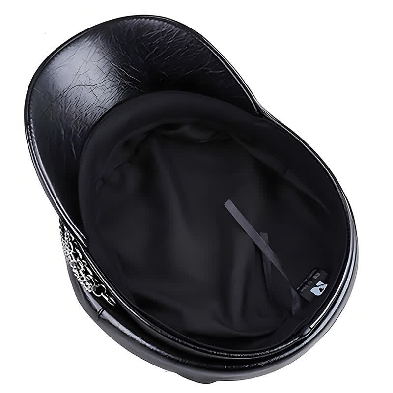 Women's Decorated Chain Flat Top Black Leather Beret Hat