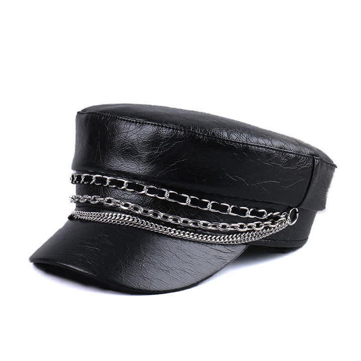 Women's Decorated Chain Flat Top Black Leather Beret Hat