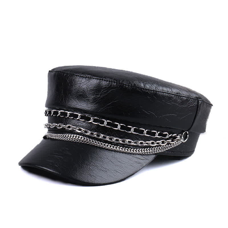 Women's Decorated Chain Flat Top Black Leather Beret Hat - Black - M (22"-22 7/8") - image 0