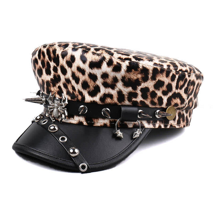 Women's Leopard Print Leather Beret Hat With Rivet Decors