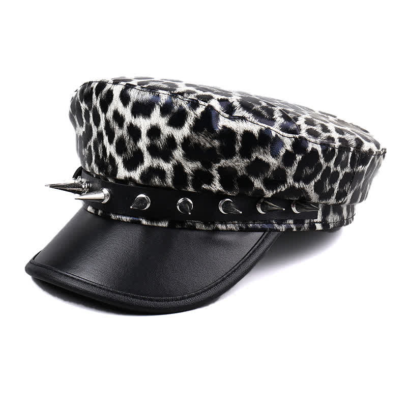 Women's Leopard Print Leather Beret Hat With Rivet Decors