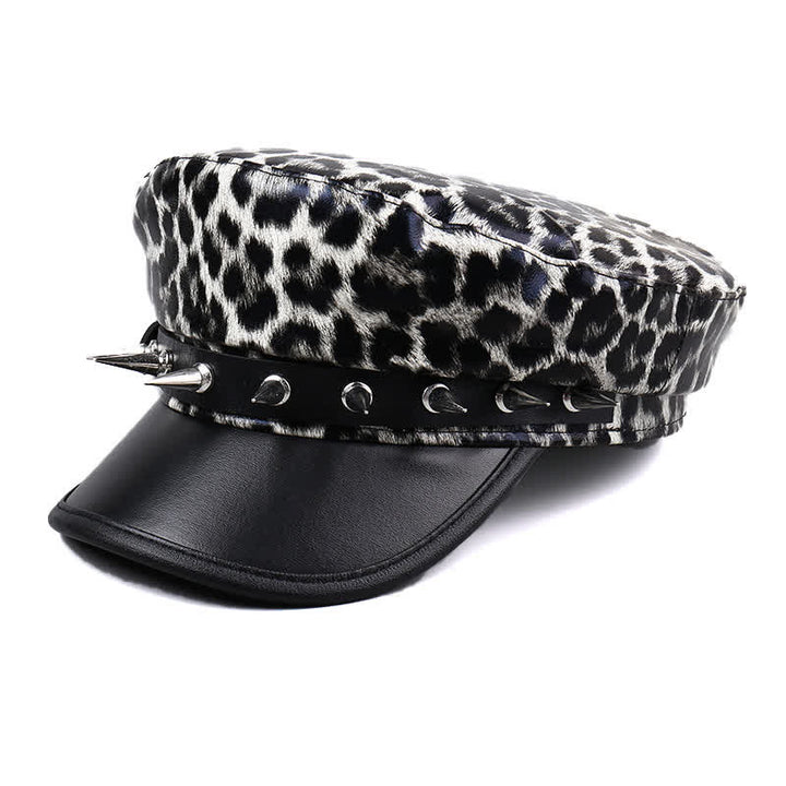 Women's Leopard Print Leather Beret Hat With Rivet Decors