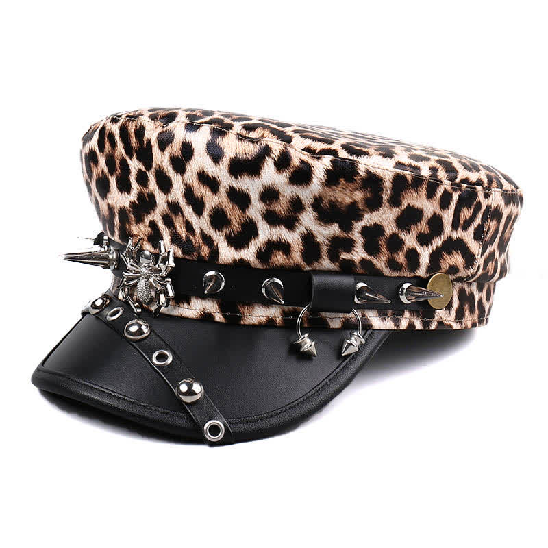 Women's Leopard Print Leather Beret Hat With Rivet Decors - Style #1 - Khaki - M (22"-22 7/8") - image 0