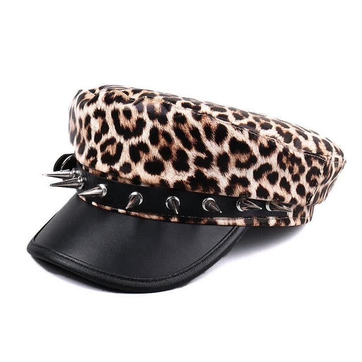 Women's Leopard Print Leather Beret Hat With Rivet Decors