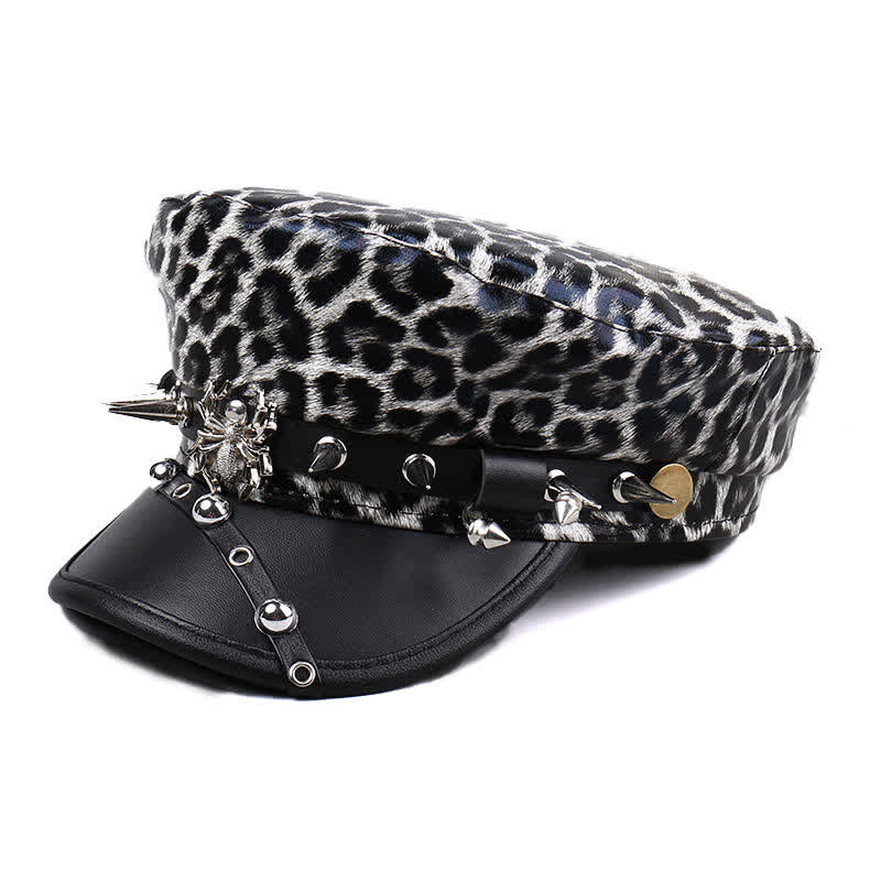 Women's Leopard Print Leather Beret Hat With Rivet Decors