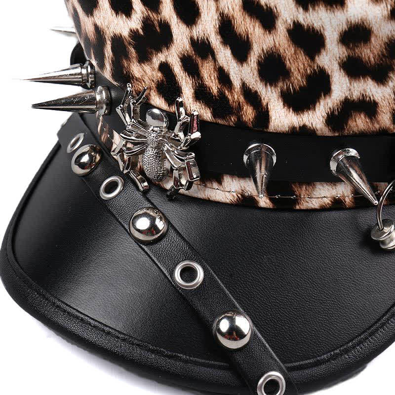Women's Leopard Print Leather Beret Hat With Rivet Decors