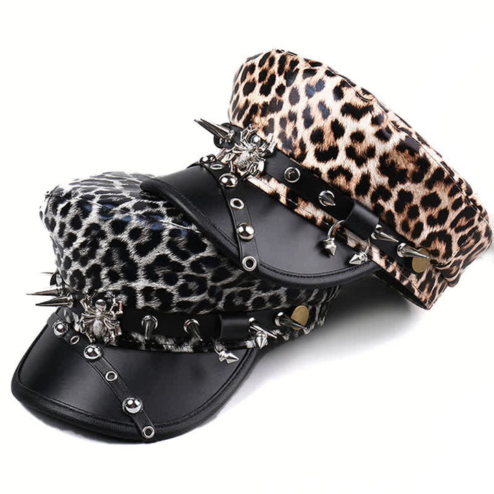 Women's Leopard Print Leather Beret Hat With Rivet Decors