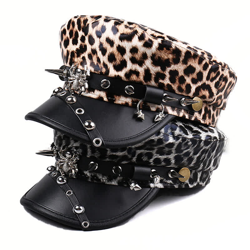 Women's Leopard Print Leather Beret Hat With Rivet Decors