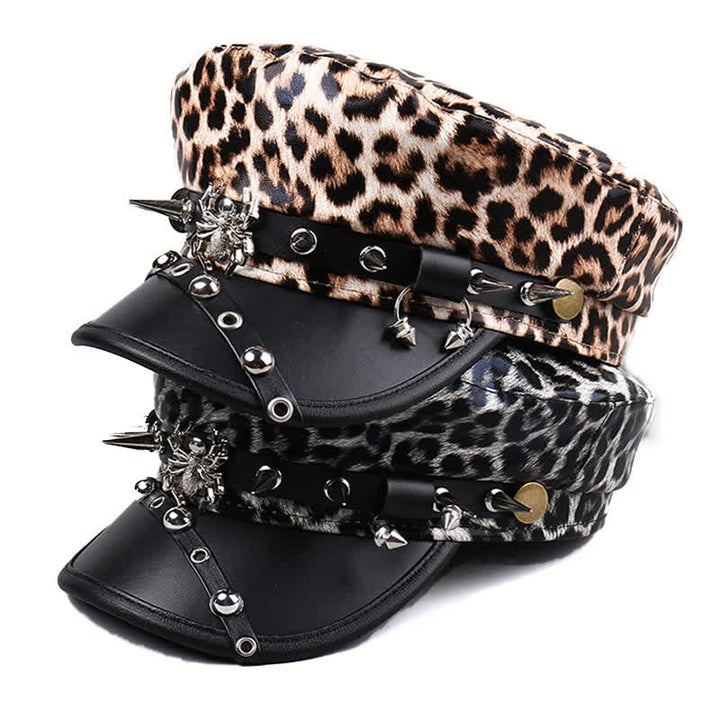 Women's Leopard Print Leather Beret Hat With Rivet Decors