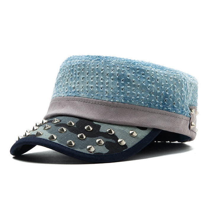 Blue Tone Point Shape Rivets Cotton Beret Hat