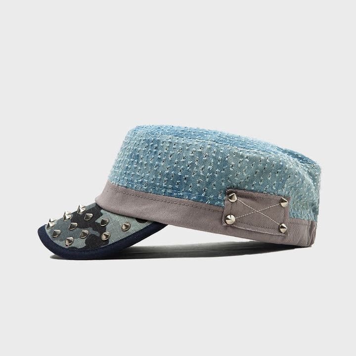 Blue Tone Point Shape Rivets Cotton Beret Hat