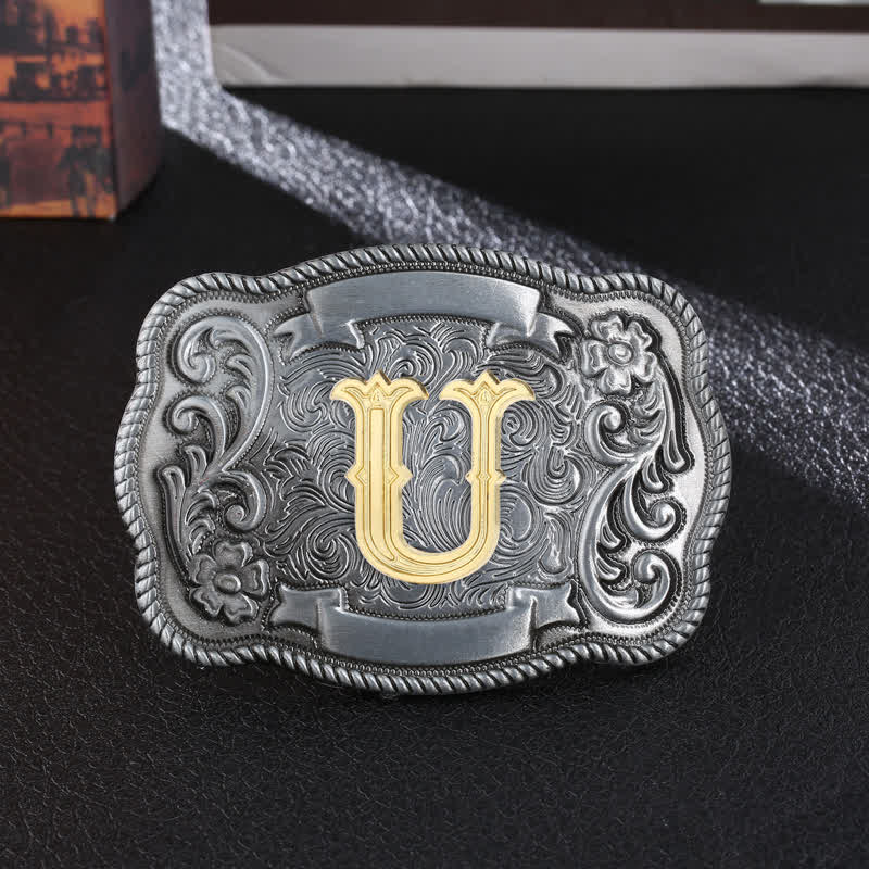 Men's DIY Retro Initial Letter Square Buckle Leather Belt - U - Without Belt - image 22