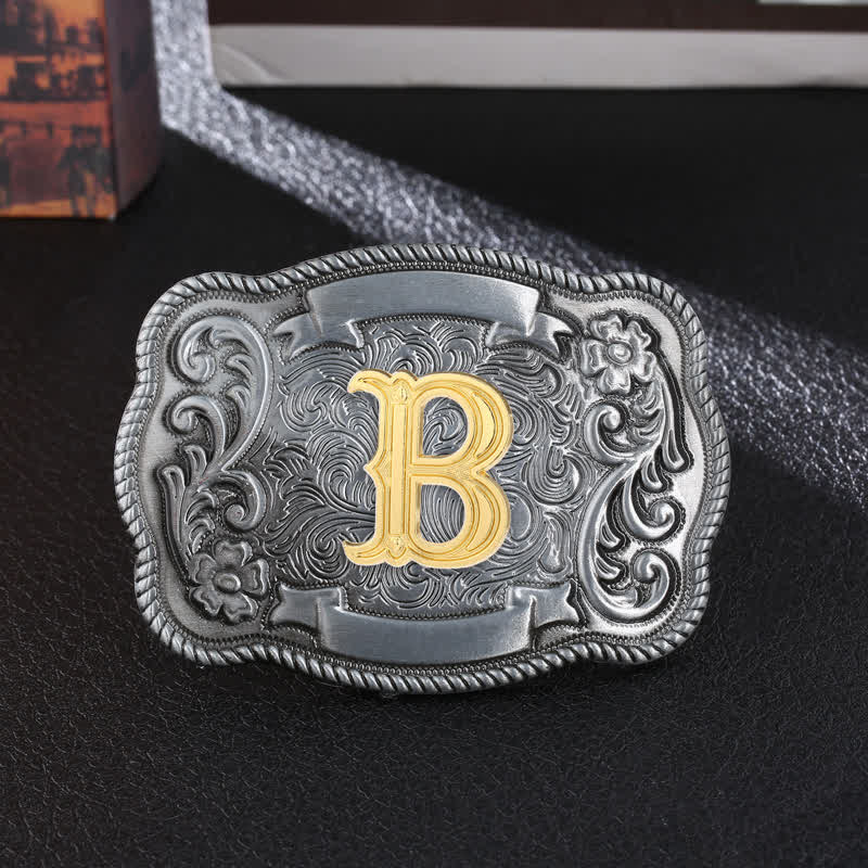 Men's DIY Retro Initial Letter Square Buckle Leather Belt - B - Without Belt - image 4