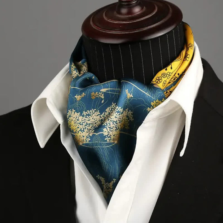 Men's Luxurious Vibrant Blue & Yellow Floral Thin Long Silk Scarf