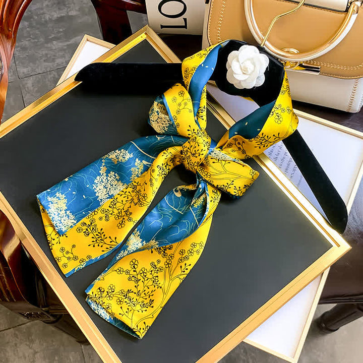 Men's Luxurious Vibrant Blue & Yellow Floral Thin Long Silk Scarf