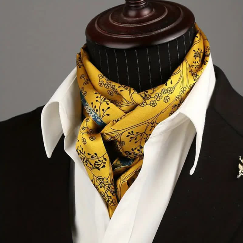 Men's Luxurious Vibrant Blue & Yellow Floral Thin Long Silk Scarf