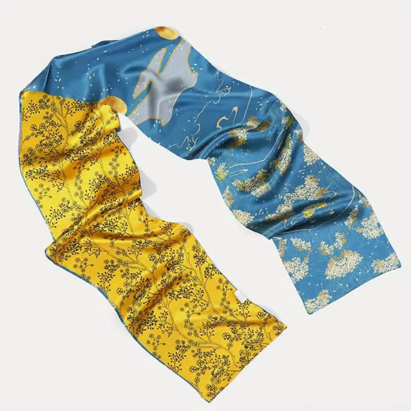Men's Luxurious Vibrant Blue & Yellow Floral Thin Long Silk Scarf