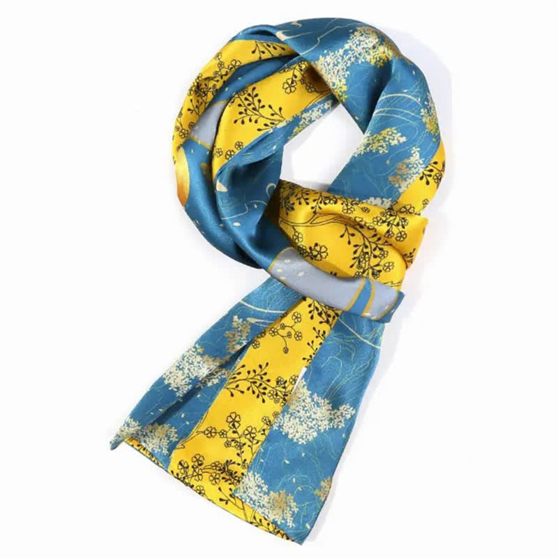 Men's Luxurious Vibrant Blue & Yellow Floral Thin Long Silk Scarf