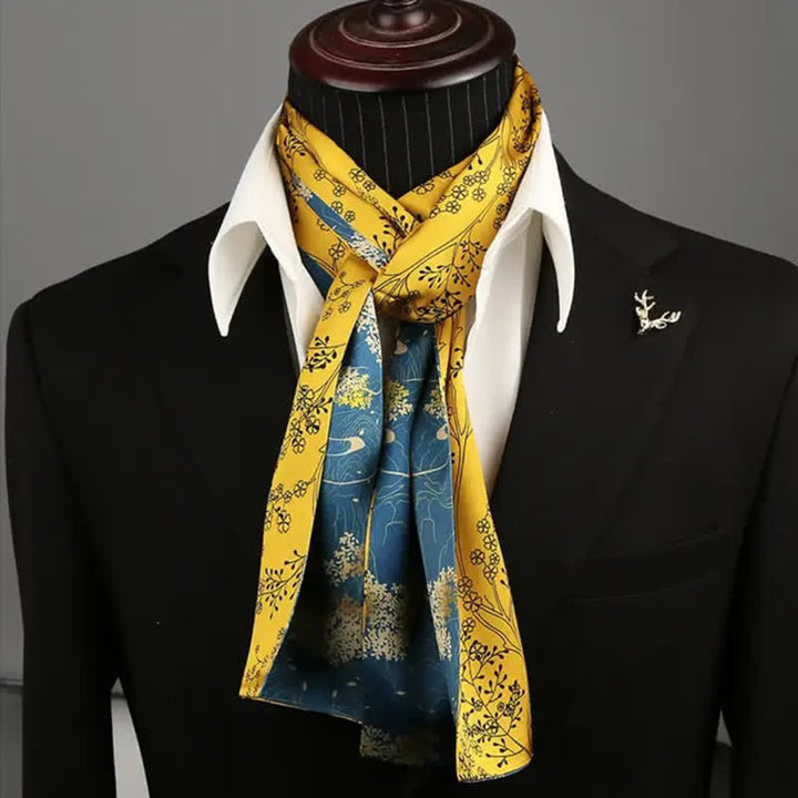 Men's Luxurious Vibrant Blue & Yellow Floral Thin Long Silk Scarf