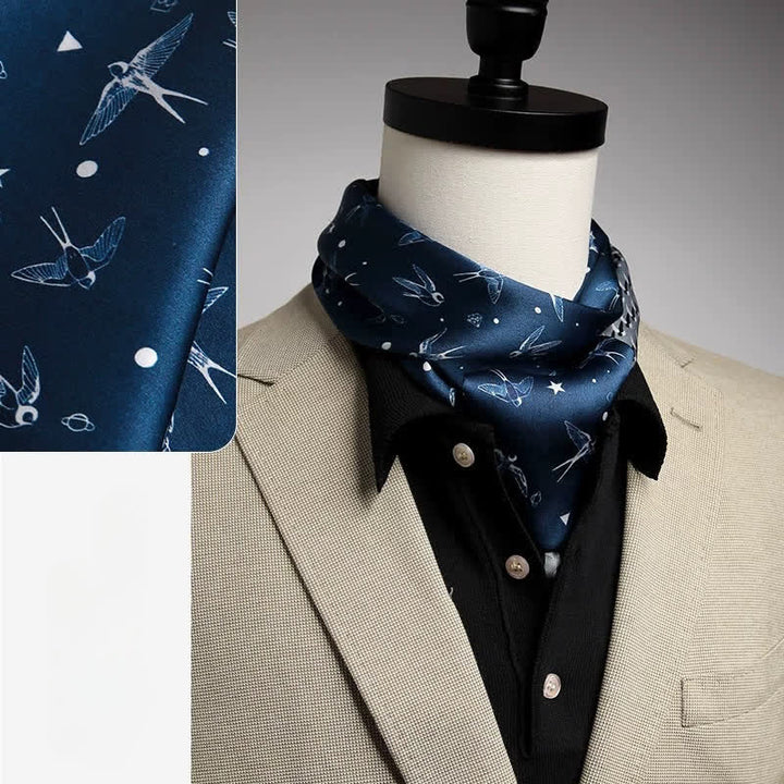 Men's Blue Sky White Swallow Dual Sided Thin Long Silk Scarf