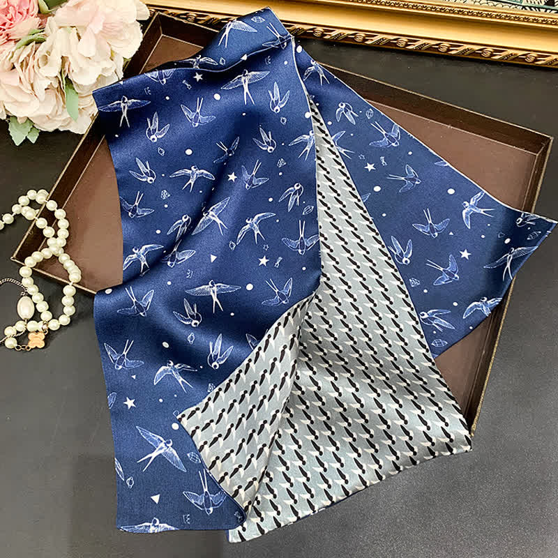 Men's Blue Sky White Swallow Dual Sided Thin Long Silk Scarf - Blue & White - image 1