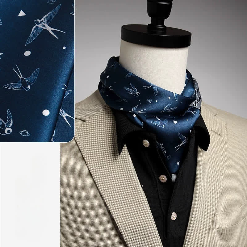 Men's Blue Sky White Swallow Dual Sided Thin Long Silk Scarf - image 0