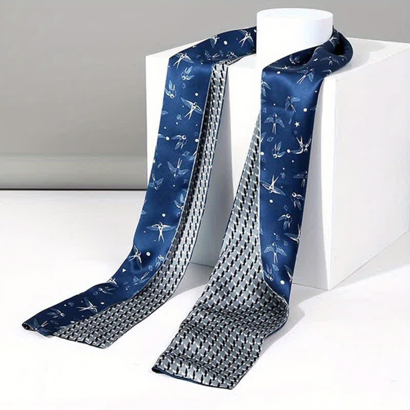 Men's Blue Sky White Swallow Dual Sided Thin Long Silk Scarf