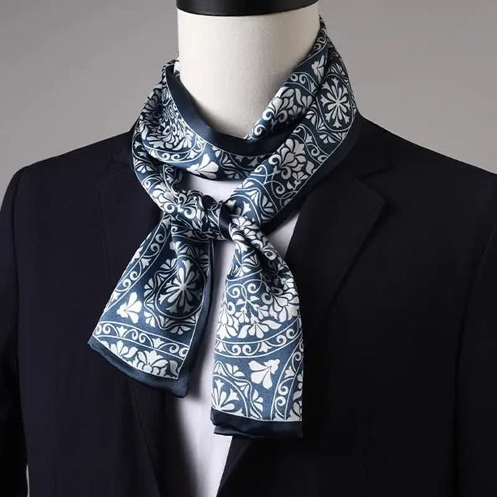 Men's Blue And White Floral Dual Sided Thin Long Scarf