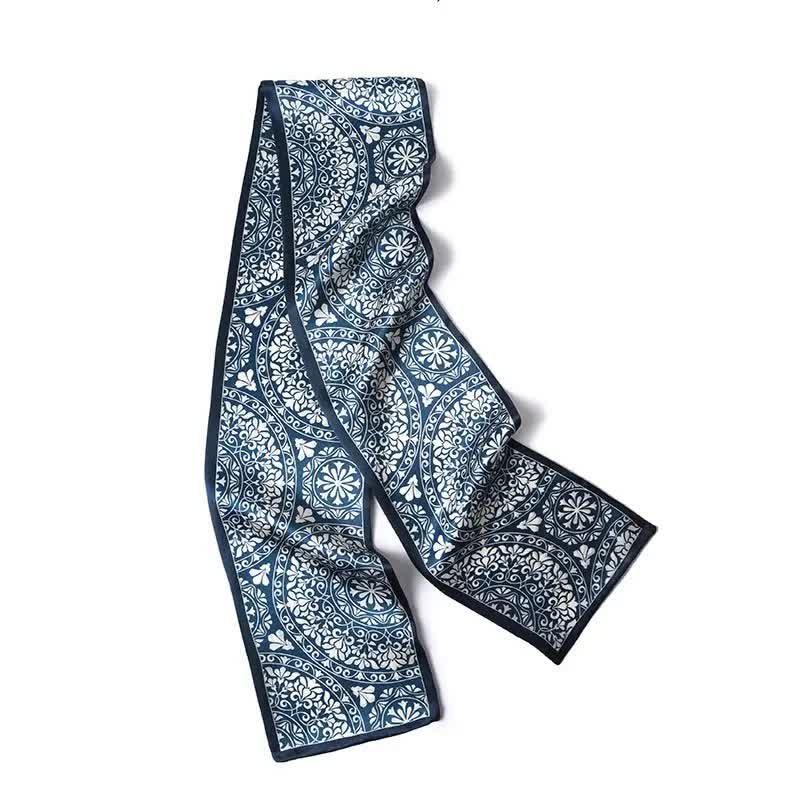 Men's Blue And White Floral Dual Sided Thin Long Scarf