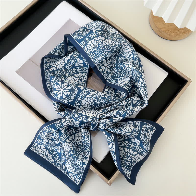 Men's Blue And White Floral Dual Sided Thin Long Scarf