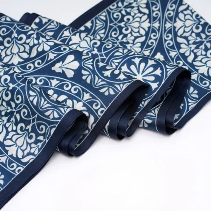 Men's Blue And White Floral Dual Sided Thin Long Scarf