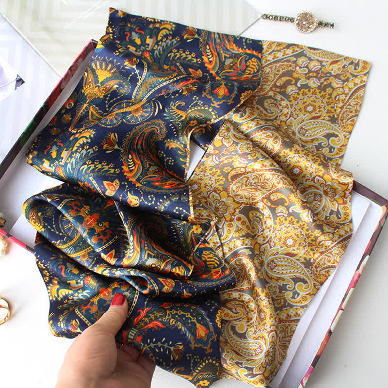 Men's Navy & Gold Paisley Reversible Design Thin Long Silk Scarf