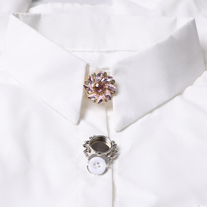 1 Pair Crystal Flower Rhinestone Snap-On Shirt Button Covers