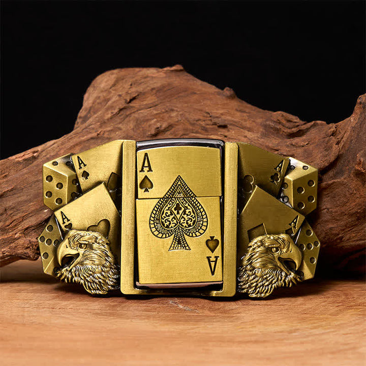Men's DIY Eagle Ace Gold Leather Belt Buckle with Hidden Lighter