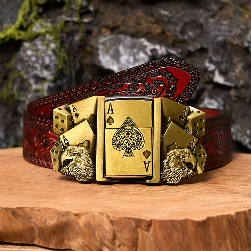 Men's DIY Eagle Ace Gold Leather Belt Buckle with Hidden Lighter - Eagle & Poker - Brown Carved Belt - 42 - image 8