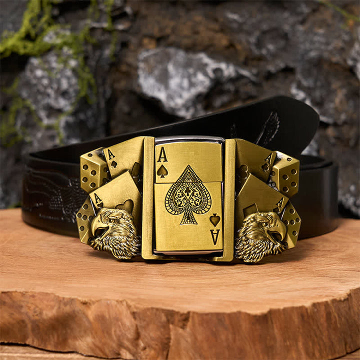 Men's DIY Eagle Ace Gold Leather Belt Buckle with Hidden Lighter