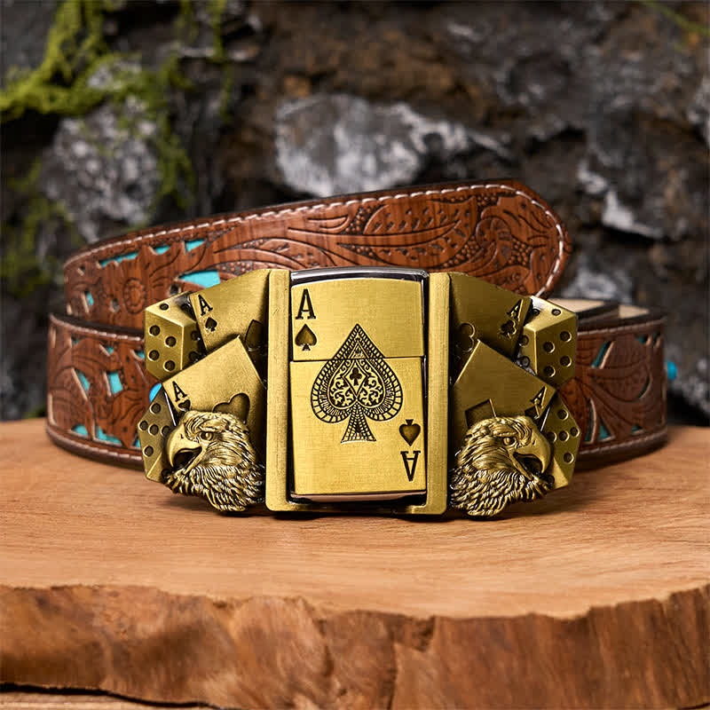 Men's DIY Eagle Ace Gold Leather Belt Buckle with Hidden Lighter