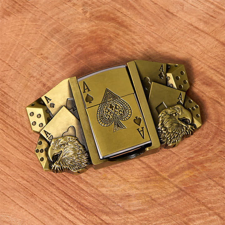 Men's DIY Eagle Ace Gold Leather Belt Buckle with Hidden Lighter