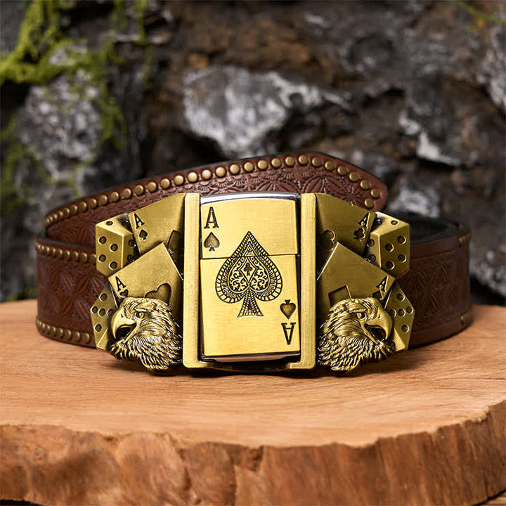 Men's DIY Eagle Ace Gold Leather Belt Buckle with Hidden Lighter