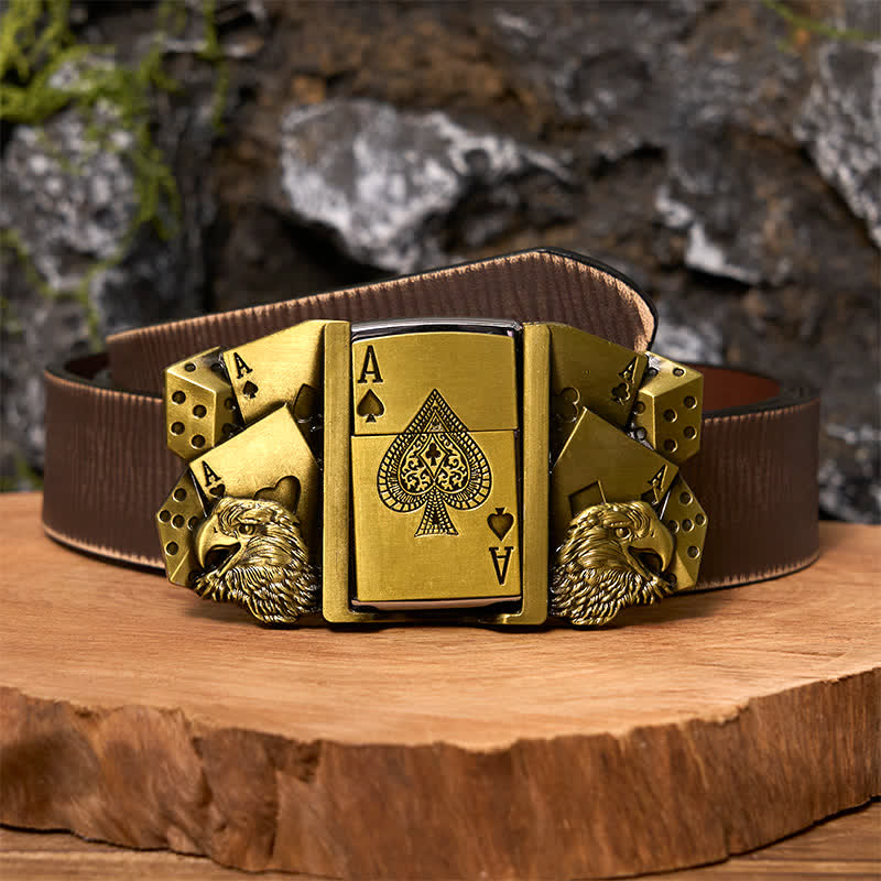 Men's DIY Eagle Ace Gold Leather Belt Buckle with Hidden Lighter