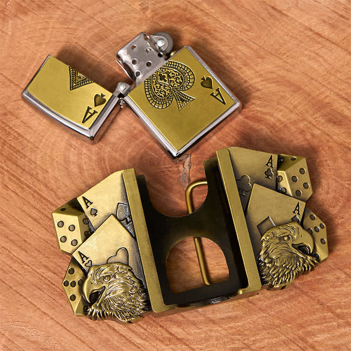 Men's DIY Eagle Ace Gold Leather Belt Buckle with Hidden Lighter