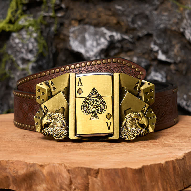 Men's DIY Eagle Ace Gold Leather Belt Buckle with Hidden Lighter - Eagle & Poker - Brown Rivet Belt - 42 - image 6
