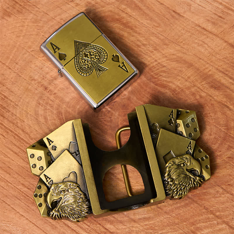 Men's DIY Eagle Ace Gold Leather Belt Buckle with Hidden Lighter