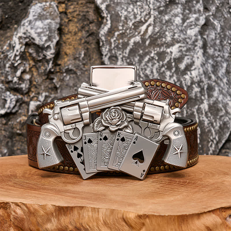 Men's DIY Double Pistol Poker Leather Belt with Hidden Lighter