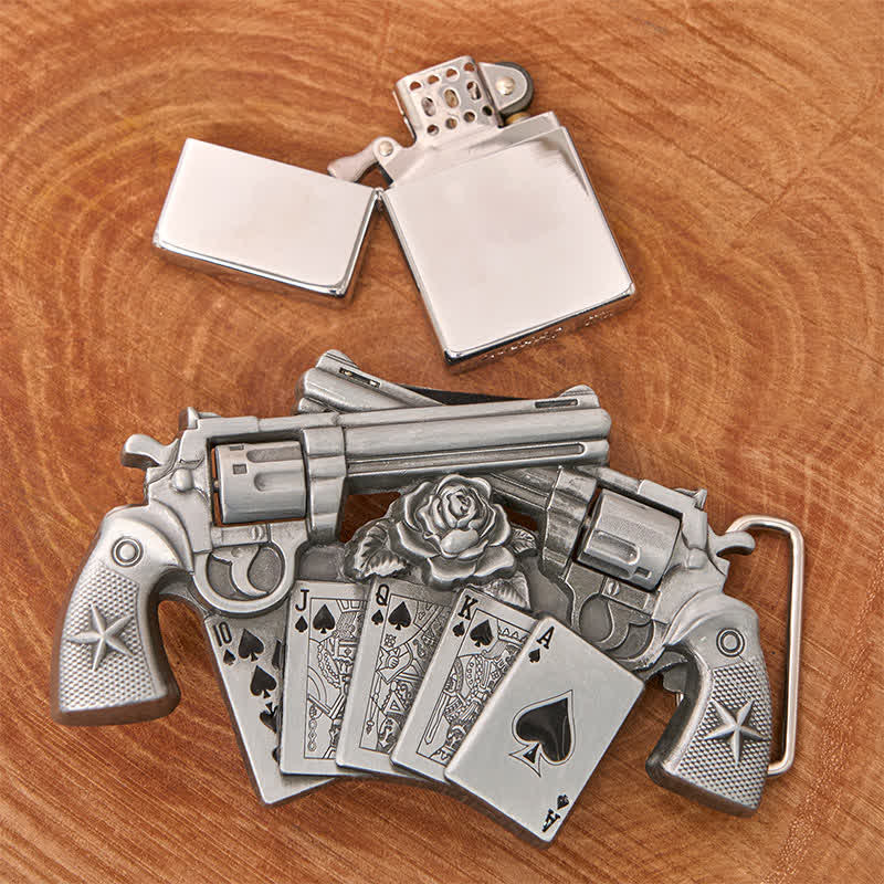 Men's DIY Double Pistol Poker Leather Belt with Hidden Lighter
