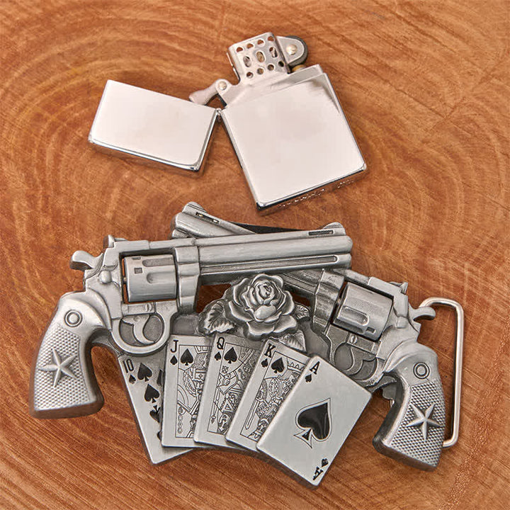 Men's DIY Double Pistol Poker Leather Belt with Hidden Lighter